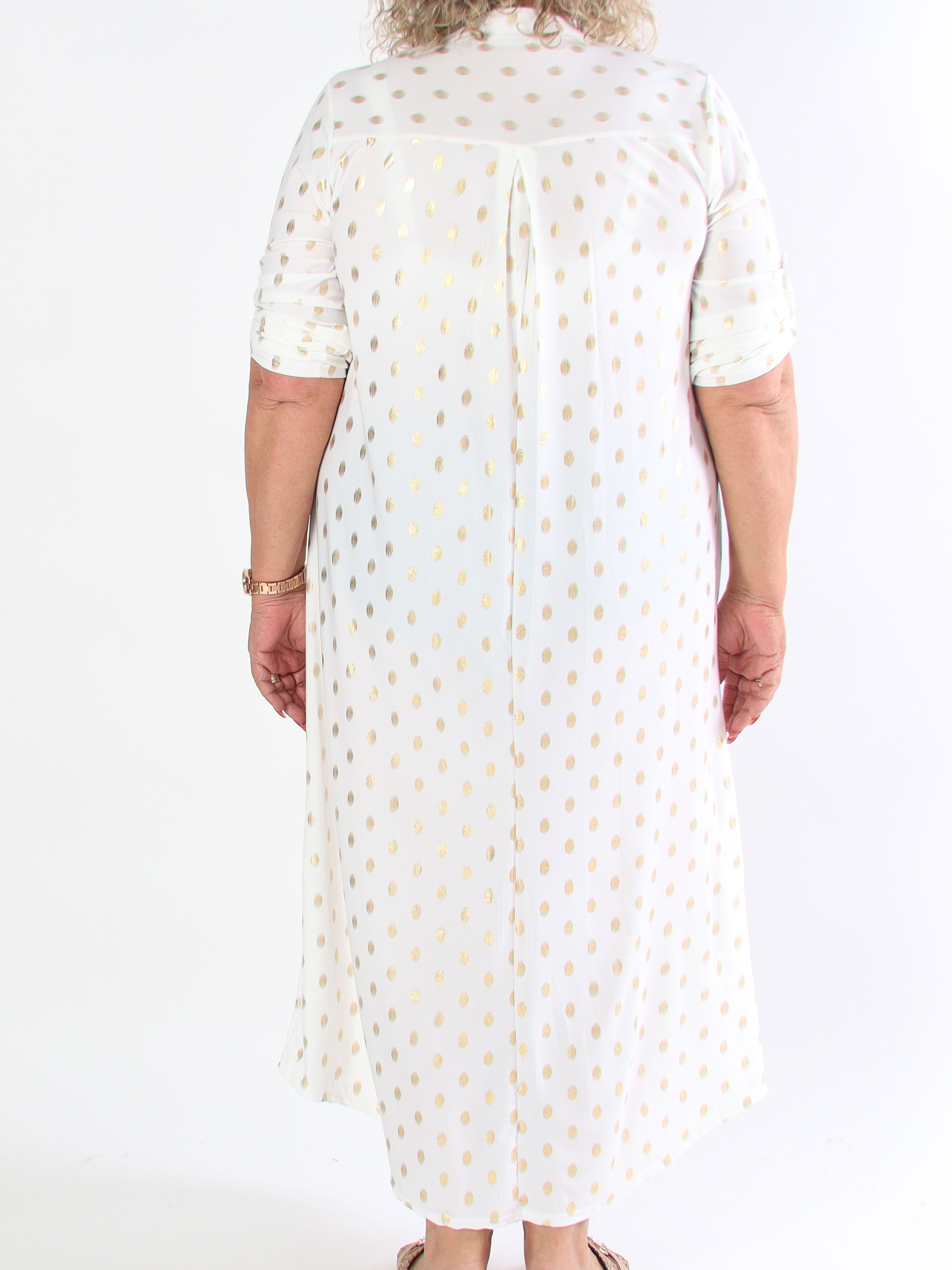 Ebba Gold Dress - Elastisk plus size lang kjole med guld prikker